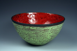 11. Large thrown bowl with crawling copper exterior glaze and red melt interior.