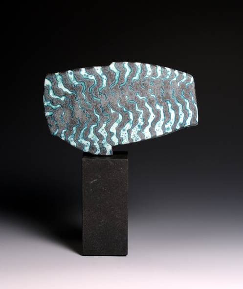 Blue cut form on stone base, 21cm h