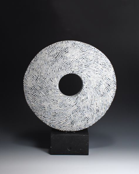 White Spiral Disc on Stone, 40cm high