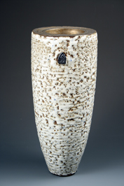 6. Thrown and assembled double walled bowl with white crawling glaze and bronzed upper